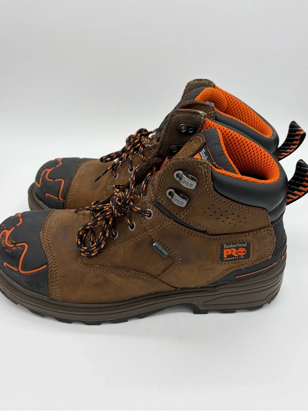 Timberland PRO Brown Leather Work Boots with Orange Details